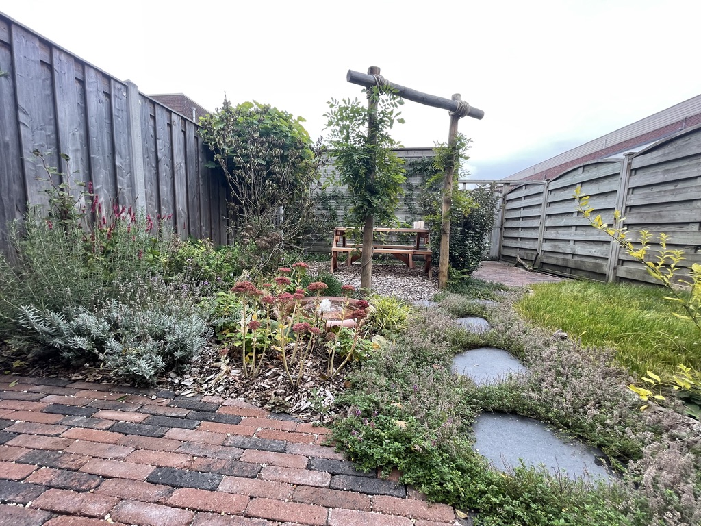Natuurlijke tuin met pergola en weelderige beplanting